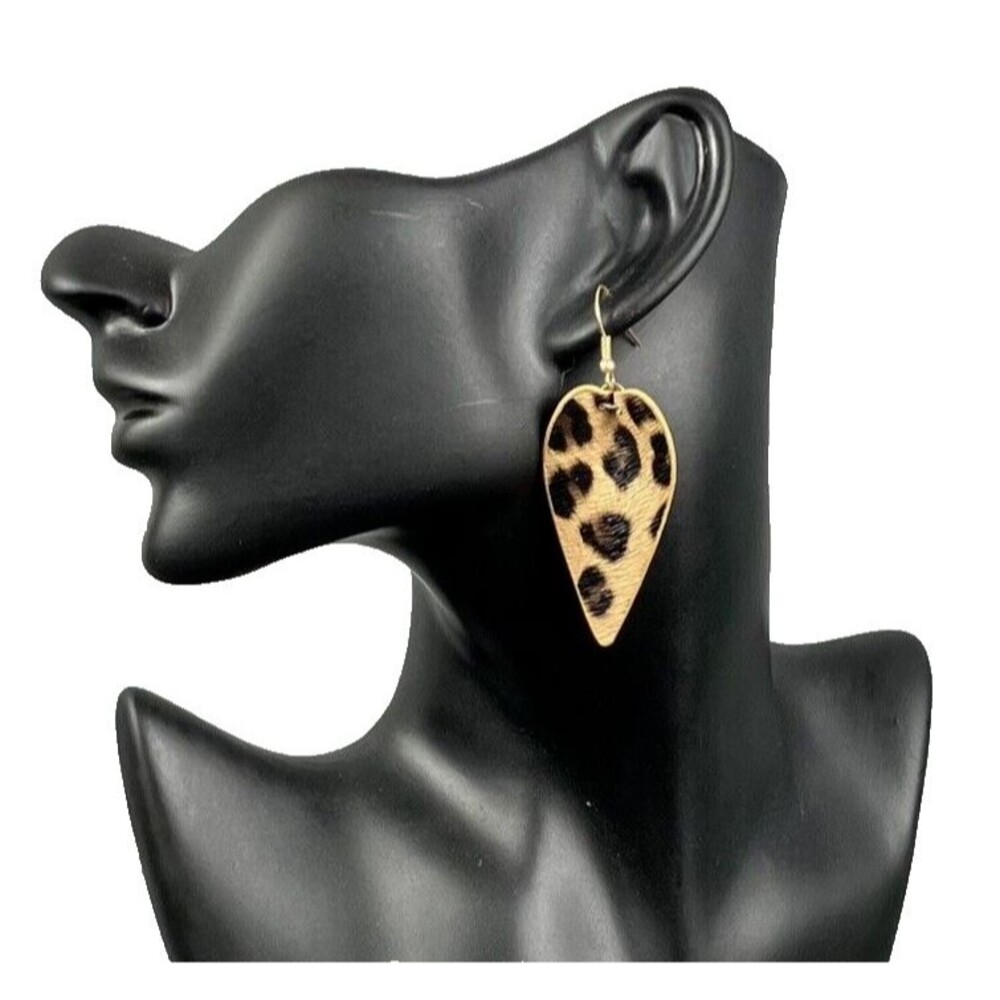Mob Wife Leopard Print Earrings Lightweight Faux Leather Teardrop Goldtone Wires